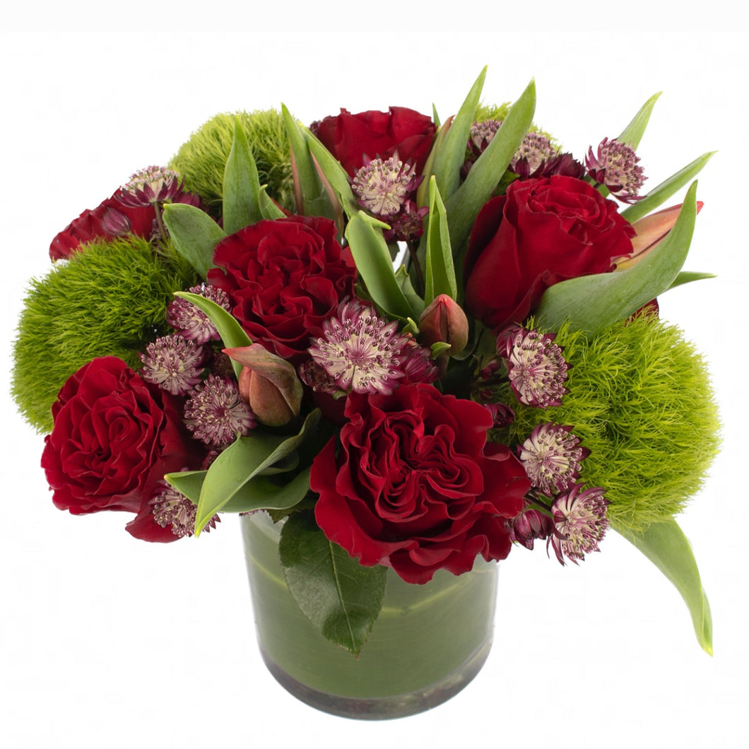 Red and Green Arrangment in a 5x5 Vase