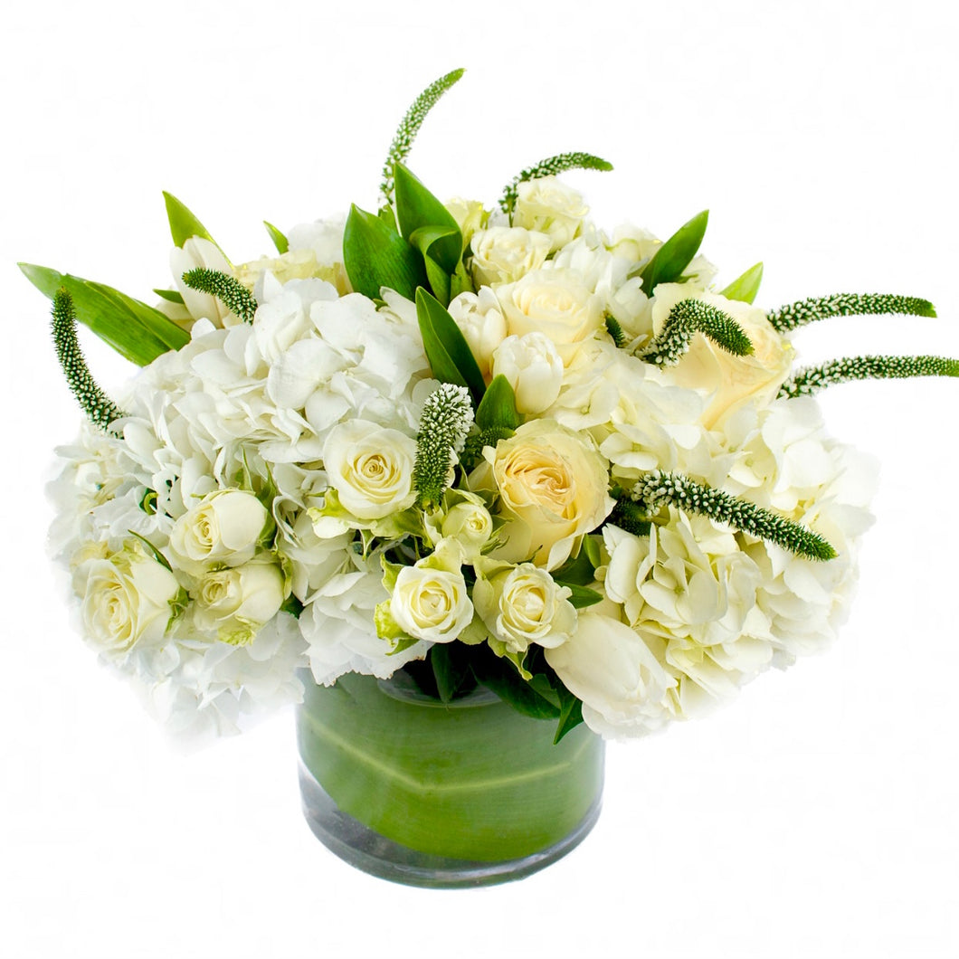 White and Green Arrangement in a 6x6 Vase